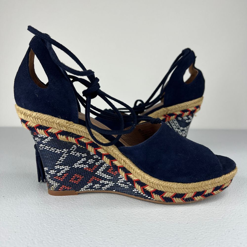 Cabi Isla Espadrille Wedge Sandal Navy Blue Suede Ankle Tie Up Tassels Western 6 - Picture 7 of 13